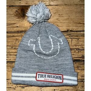 True Religion Unisex Beanie OS Winter Hat Stitched Logo Heather Grey